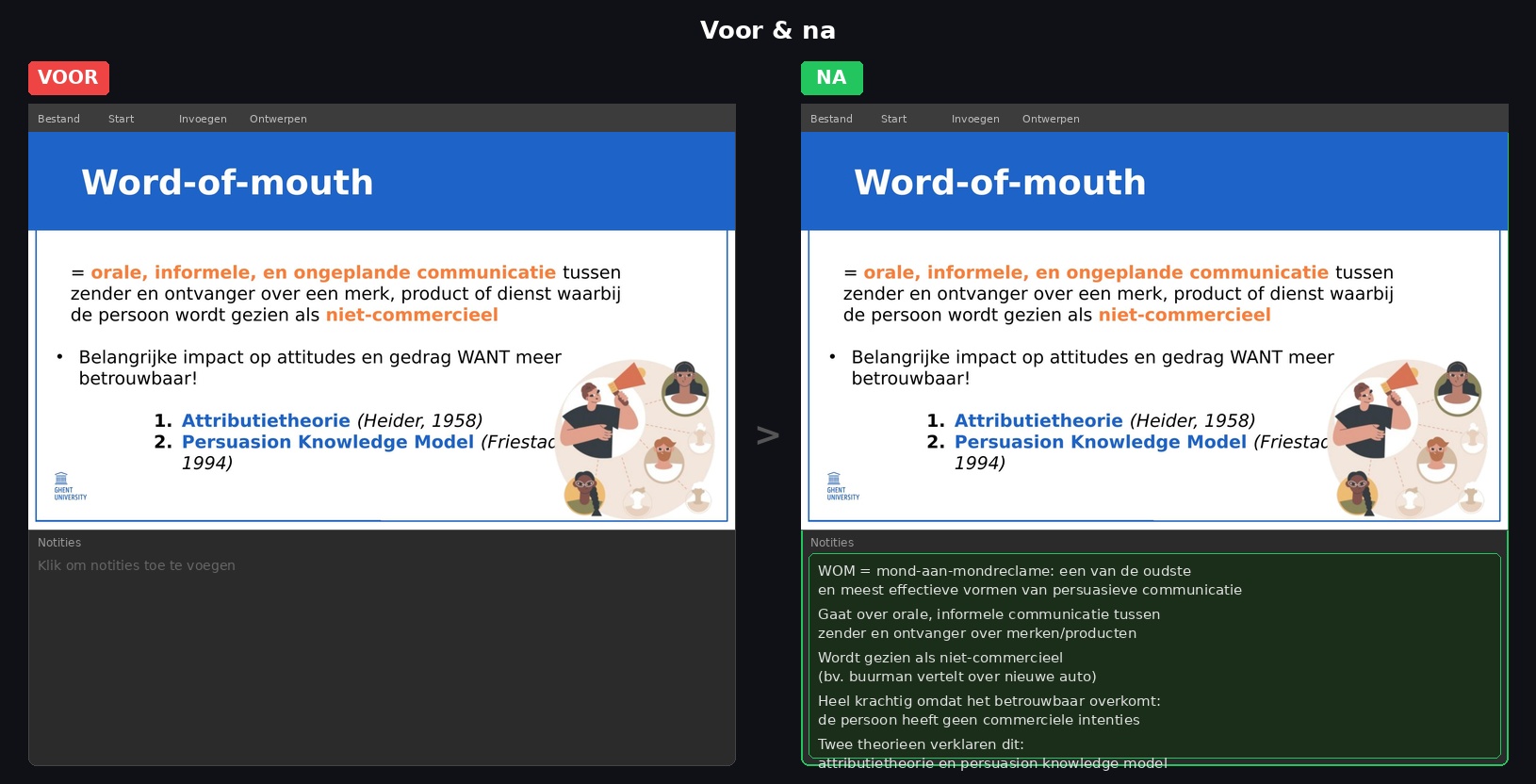 Before and after: slides zonder en met speaker notes